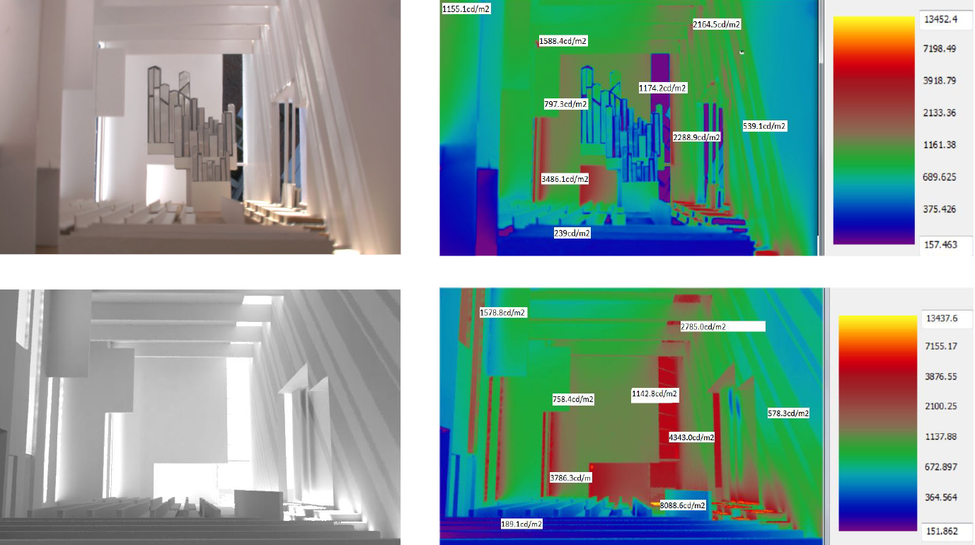 HDR photo of a scale model (upper) compared to Radiance rendering (lower). Credits: Daniel Park, Becky Xu, Gloria Yan, Melody Li, Amber Zhu, Vina Wei 